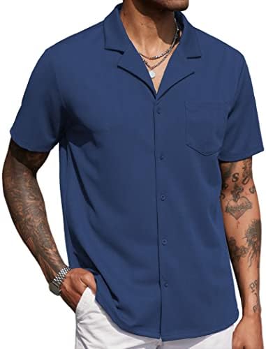 קופנדי גברים חולצות כפתור למטה שרוול קצר חולצת כפתור מזדמן קובני חולצה צמודה לחוף קיץ עם כיס