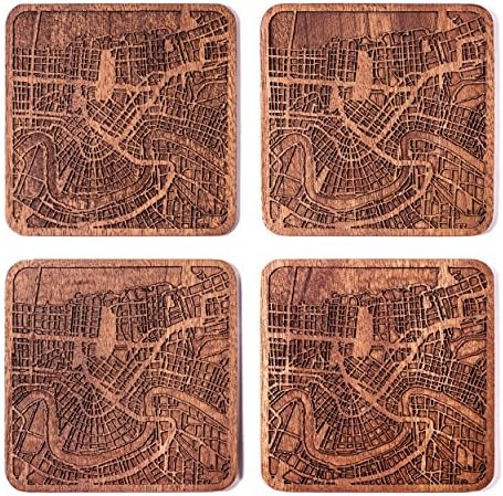 רכבת מפות ניו אורלינס מאת O3 Studio Design, סט של 4, רכבת עץ של Sapele עם מפת עיר, בעבודת יד, בעבודת יד,