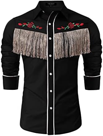 טרנדי גברים של פרינג ' חולצות רקום מערבי קאובוי תלבושות ארוך שרוול כפתור למטה היפי חולצה