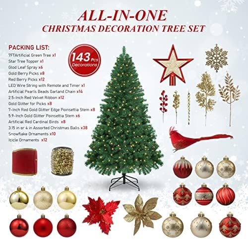 WBHOME 7ft מעוטר עץ חג מולד מלאכותי עם קישוטים ואורות, קישוט חג המולד של זהב אדום כולל עץ מלא 7 רגל, סט קישוטים, 400 אורות LED