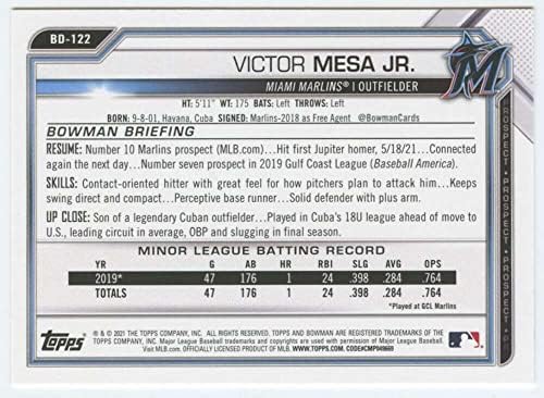 2021 דראפט באומן BD-122 ויקטור מסה ג'וניור RC טירון מיאמי מרלינס MLB כרטיס מסחר בייסבול