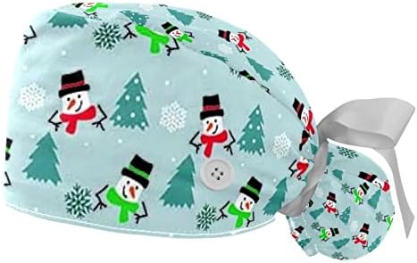 פתית שלג עץ חג המולד קרצוף כובעי לנשים כובע עבודה ארוך שיער עם כפתור ופס זיעה 2 יח 'יוניסקס עניבה כובעים לאחור