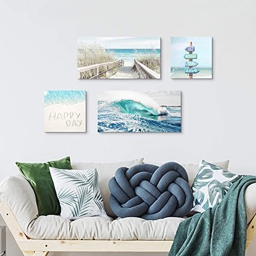 חוף בד קיר אמנות תמונה: כחול אוקיינוס גל & מגבר; מסלול חוף נוף ציור יצירות אמנות מודרני ים להירגע נושא סימן נוף הדפסת עבור גלריה סלון