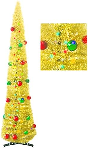 עץ חג מולד מלאכותי עם 50 אורות צבע, 5 רגל פופ -אפ עץ חג המולד של טינסל עם כדורי חג המולד קישוטים לחג המולד למסיבת אח מקורה בחוץ
