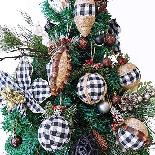 6 יח 'קישוטי כדור חג המולד בופלו שחור לבן בדיקת בופלו וקישוטים יוטה קישוטי עץ תלויים קישוטים לעץ כפרי לחג המולד של חג המולד של חג המולד