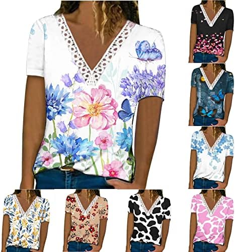 צמרות צווארון V קיץ לנשים הדפסת פרחים מזדמנים שרוולים קצרים חולצת חולצה טרנדית חולצה רופפת