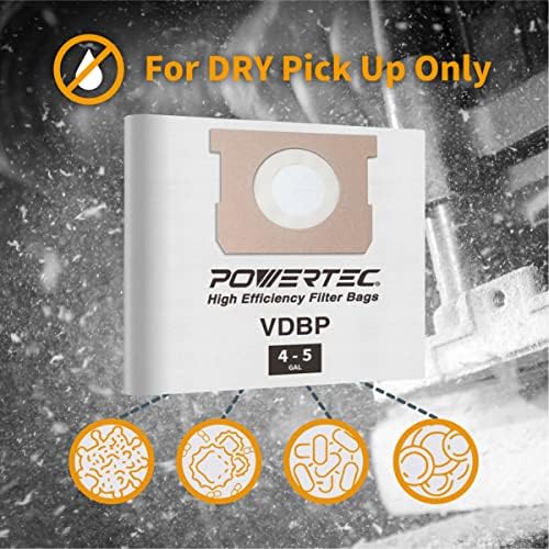 PowerTec 75023 שקיות פילטר עבור Vacmaster VDBP 4-5 ואקום יבש רטוב, מתאים ל- VQ407S & VWM510, 3PK