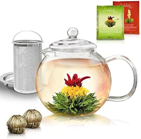 קומקום זכוכית Creano 44oz עם תה תה נירוסטה נשלף - כולל 2 תה פורח - מתנות - קומקום תה ויצרנית תה