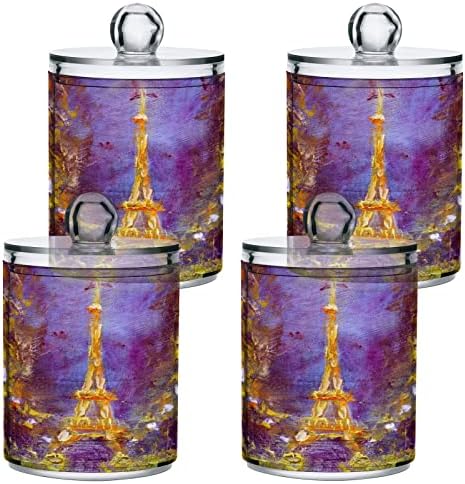 Alaza 4 Pack QTIP מחזיק מחזיק ציור אמנות ציור צרפת פריז איפל מגדל מארגן אמבטיה מארגנים לכדורי כותנה/ספוגיות/רפידות/חוט דנטלי, צנצנות מפלסטיק לצנצנות לבלים