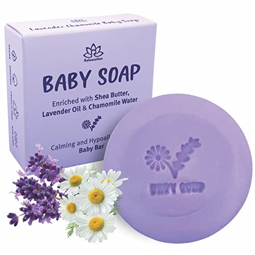 בר סבון לתינוק מרגיע עם שמנים אתריים לבנדר, מי קמומיל אורגניים וחמאת שיאה-מעובד קר באופן טבעי בארה ' ב