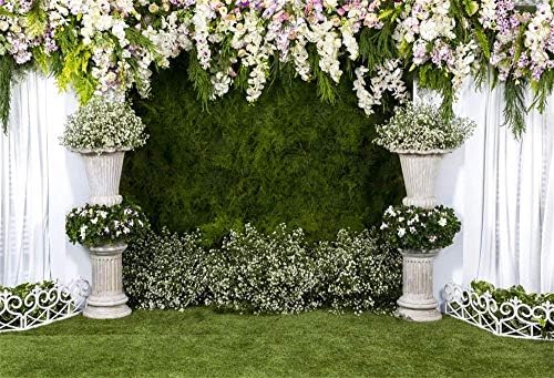 קשת פרחים לחתונה רקע 10 על 8 רגל ויניל צילום רקע אבן עציץ פרחים לבן וילון ירוק קיסוס קיר קישוט חיצוני טקס ירוק גראספילד רקע