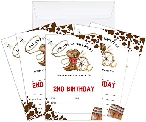 Axamdam Cowboy 2 כרטיסי הזמנות ליום הולדת רודיאו 2, הזמנות למסיבות המערב הפרוע לילדים ולבנים, 20 קלפים עם 20 מעטיפות מסיבות ואספקת חגיגה-A048