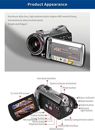 ORDRO AZ50 4K מצלמת וידאו מצלמת לילה מצלמת וידאו לוויטוב vlogging עם אור LED, מיקרופון סטריאו, עדשת זווית רחבה, טלסקופ זום 12X, כרטיס SD 64 גרם, מכסה עדשה, נשיאה, 2 סוללות