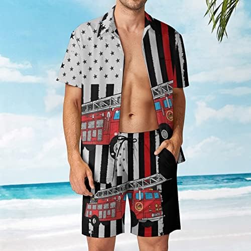Weedkeycat כבאי כבאי דגל אמריקאי תלבושות חוף לגברים 2 חלקים כפתור הוואי מטה סטריפט סטים שרוול קצר