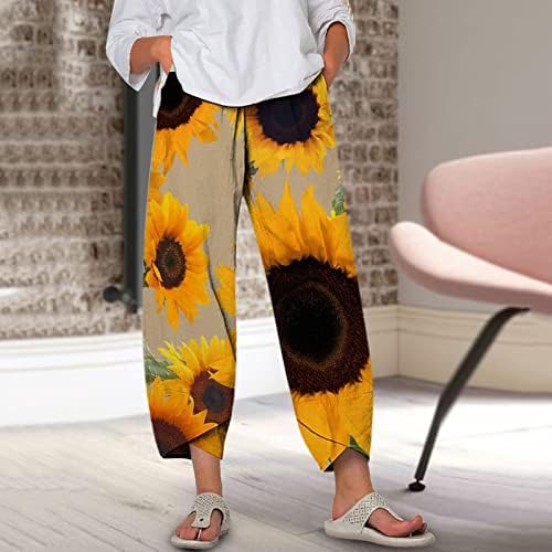 Grge beuu פשתן רגל רחבה מוטות מותניים מכנסיים פאלאצו לנשים מזדמנים בקיץ המותניים המותניים המותניים מכנסיים קפרי עם כיס