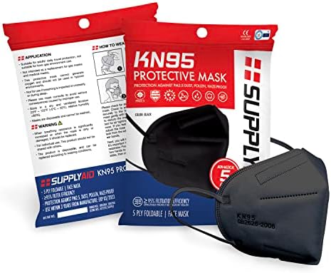 SupplyAid RRS-KN95-5PK KN95 מסכת פנים להגנה מפני PM2.5 אבק, אבקה והגנה על אובך, 5 חבילה, שחור