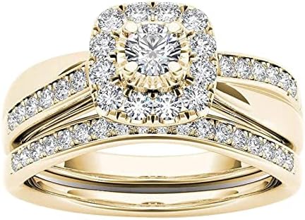 זהב צהוב מצופה ציפוי עגול חתוך מעוקב זירקוניה כפול טבעת כלה סט טבעת נישואין לנשים