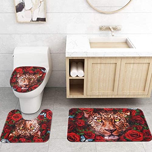 Limiyol 4 PCS סטים של וילון מקלחת ורדים אדומים עם שטיחים שאינם החלקה, כיסוי מכסה שירותים ומטלטל, וילון מקלחת נמר צ'יטה אפריקני עם 12 ווים, סט אמבטיה של פרחי פרחים