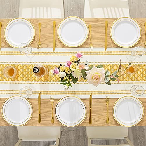 שולחן שולחן מרוקאי של ג'ויוט בוהו רץ 13 x 108 אינץ 'בית חווה כפרי גדילים ארוגים בעבודת יד כותנה בוהמיאנית שולחן שולחן עיצוב למסיבת חג, צהוב