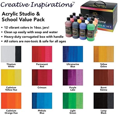 השראה יצירתית אמן אמן צבע אקרילי סט לבד - 12 צבעים מלאי חיים מעורבים, גימור סאטן עשיר לציור, אומנויות ומלאכה - 16 בקבוקי אונקיה