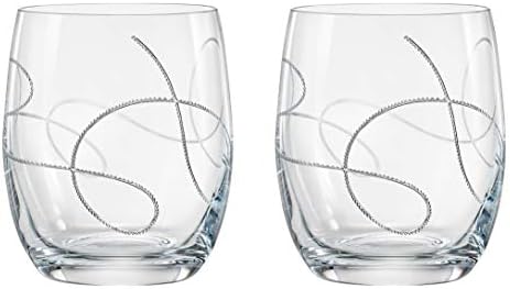 כוס זכוכית, עם עיצוב מחרוזת, קריסטל, כוסות כפולות מיושנות, סט של 2 כוסות, מאת ברסקי, תוצרת אירופה, כל דוף הוא 14 עוז.