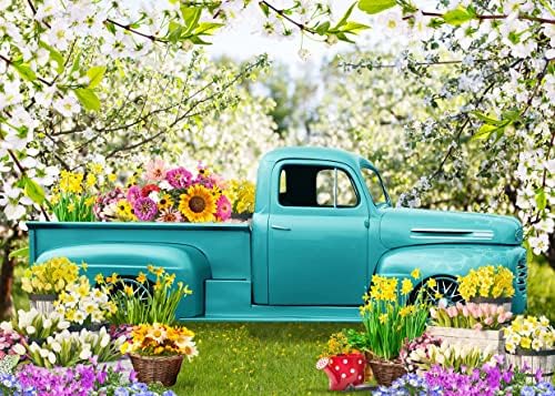 אביב פרחי רקע ילדים פסחא תמונה רקע כחול משאית דשא עבור פסחא מסיבת קישוט תינוק מקלחת 12535