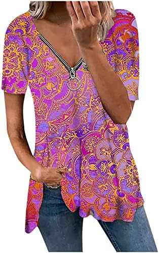 XPIGPQ לנשים קיץ מזדמן שרוול קצר טוניקה טוניקה ללבוש עם חותלות סקסיות V צוואר רוכסן חולצות טיף זורמות חולצות רופפות