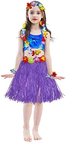 ילדה של אלסטי הוואי הולה רקדנית דשא חצאית עם פרח תלבושות סט-סגול יום הולדת טרופי מסיבת קישוטים