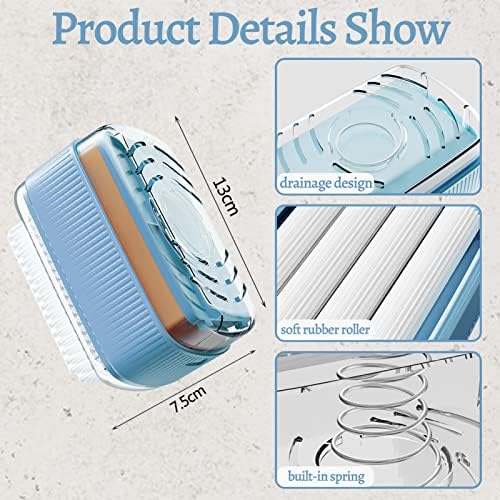 Qoyntuer קופסת סבון מקצפת עם מארז בועת רולר לכביסה, מתקן אחסון לניקוי סבון, מברשת מתקן בר נייד, שומר על הכחול היבש