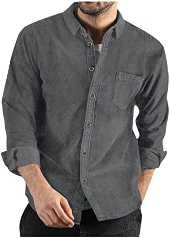 חולצת קורדרוי מזדמנת של גברים, שרוול ארוך שרוול ארוך כפתור סתיו כפתור למטה חולצה מוצקה בכושר רגיל בכושר סמיך דש עליון