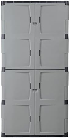 ארון אחסון בודד של גומי, חמש מדף עם דלתות כפולות, ניתן לנעילה, גדול, קיבולת אחסון של 690 פאונד, אפור, למוסך/אחסון חיצוני של כלי גינה/צעצועים/כלי חשמל/אביזרי בריכה