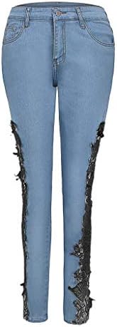 נשים אופנה פלוס ג'ינס בגודל ג'ינס תחרה חלול אפליקציות פרחוניות מכנסי ג'ינס ג'ינס רזים מכנסי עיפרון לג'ינס נשים